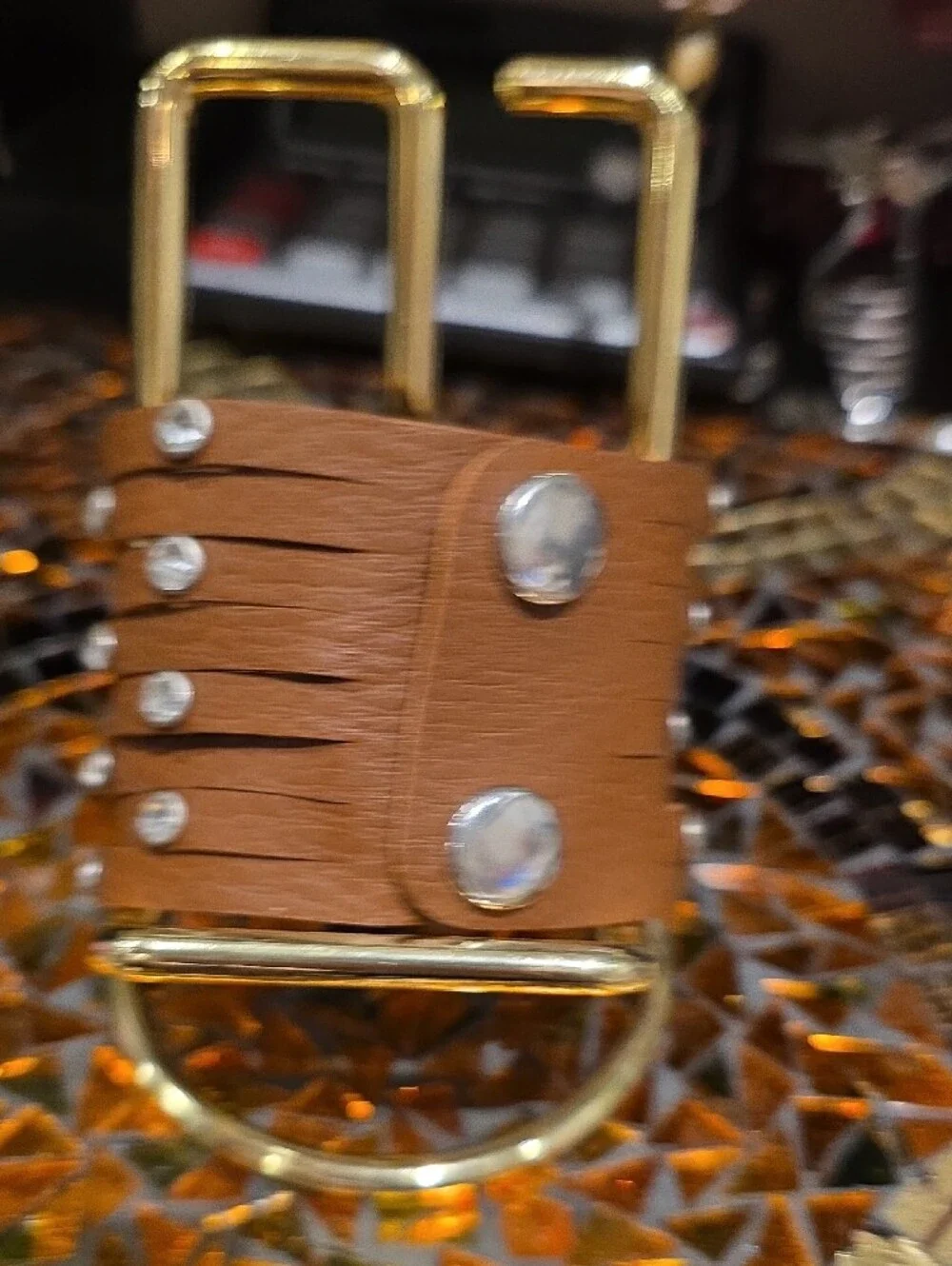 Source Unknown Tan Wrap Bracelet with Clear Crystal Studs and Gold Hardware